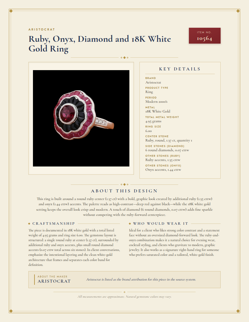 Ruby, Onyx, Diamond and 18K White Gold Ring — anatomy card
