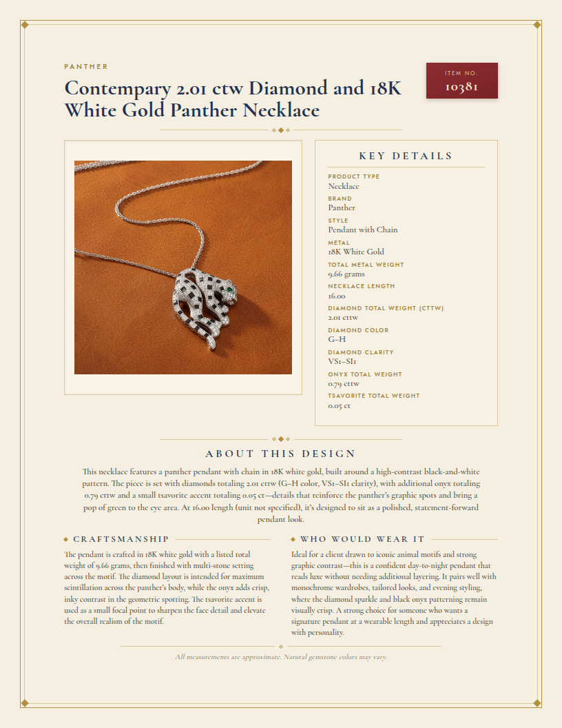 Contempary 2.01 ctw Diamond and 18K White Gold Panther Necklace — anatomy card