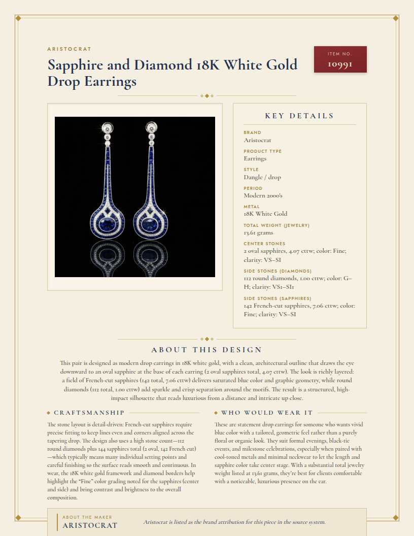 Sapphire and Diamond 18K White Gold Drop Earrings — anatomy card