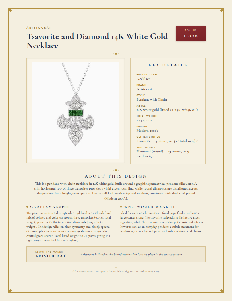 Tsavorite and Diamond 14K White Gold Necklace — anatomy card