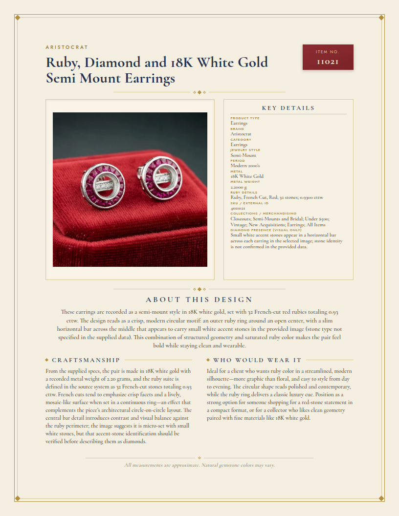 Ruby, Diamond and 18K White Gold Semi Mount Earrings — anatomy card