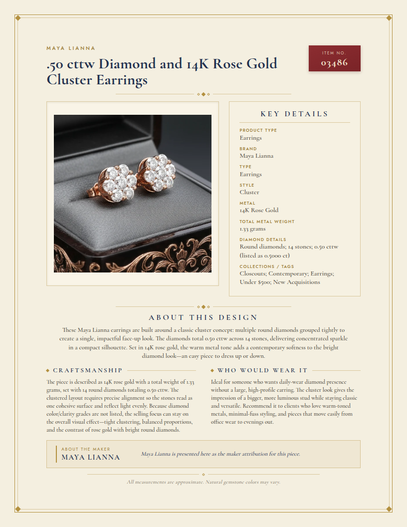 Maya Lianna .50 cttw Diamond and 14K Rose Gold Cluster Earrings — anatomy card