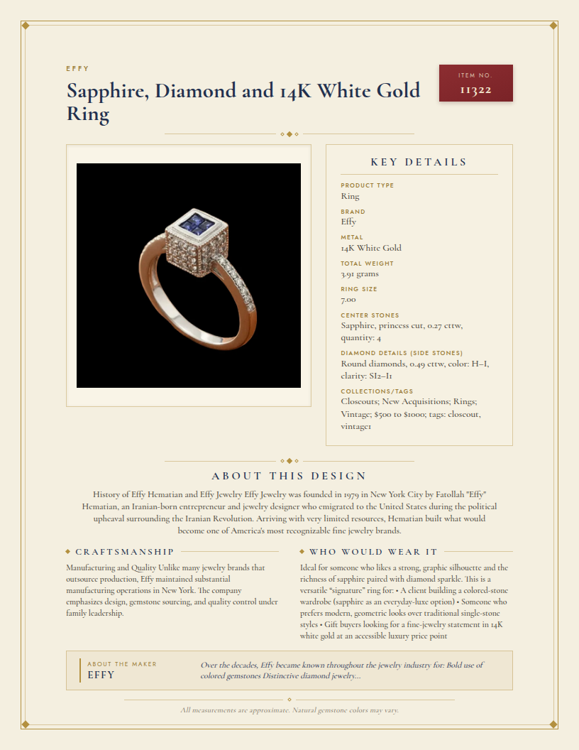 Effy Sapphire, Diamond and 14K White Gold Ring — anatomy card