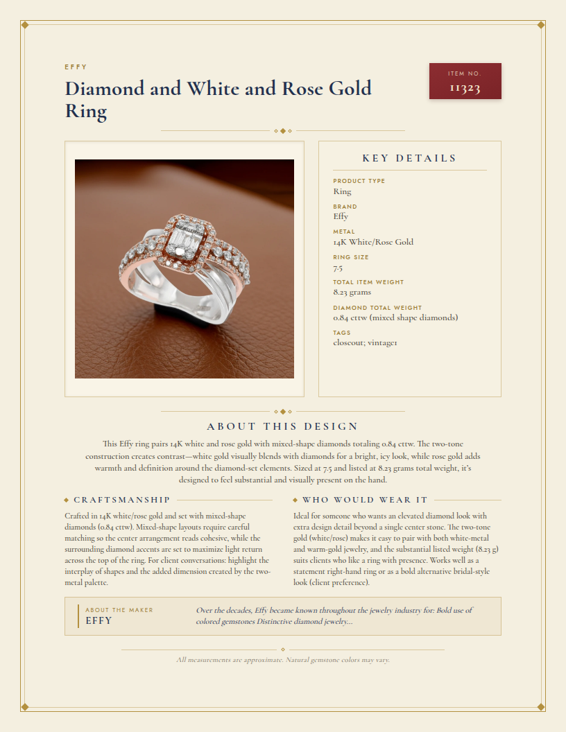 Effy Diamond and White and Rose Gold Ring — anatomy card