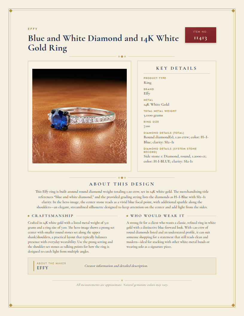 Effy Blue and White Diamond and 14K White Gold Ring — anatomy card