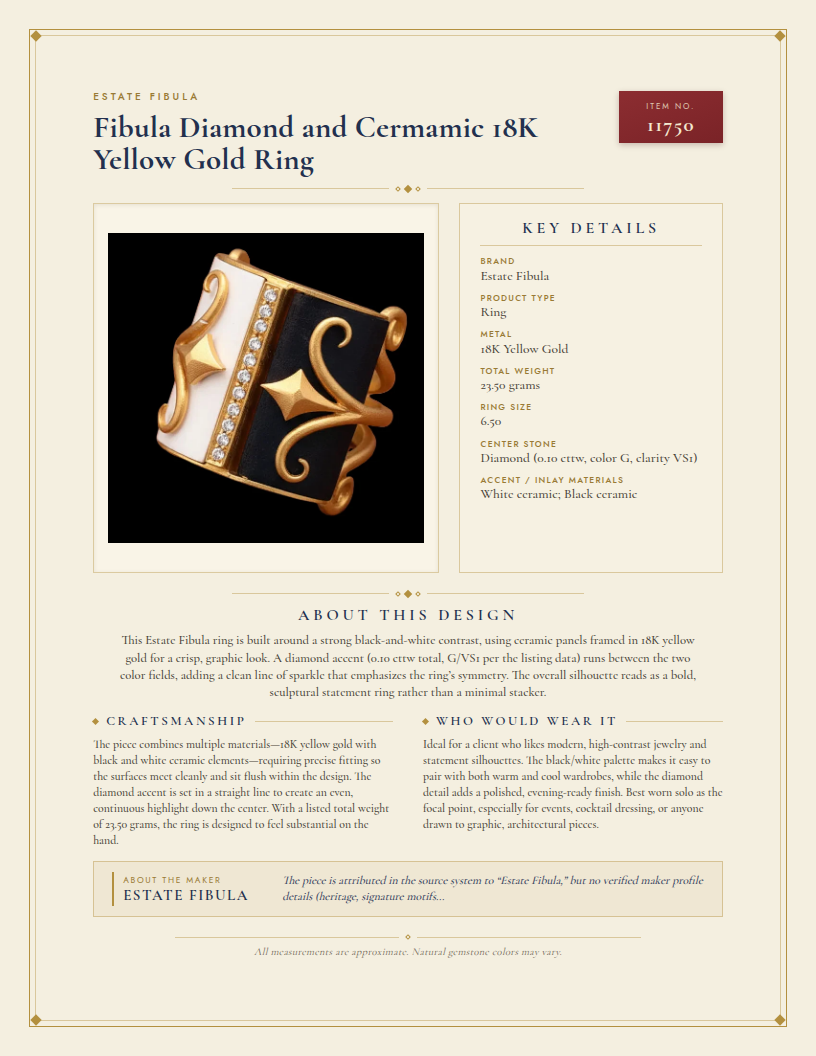Fibula Diamond and Cermamic 18K Yellow Gold Ring — anatomy card