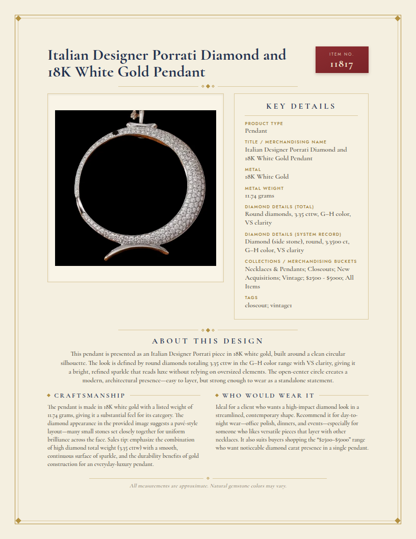 Italian Designer Porrati Diamond and 18K White Gold Pendant — anatomy card