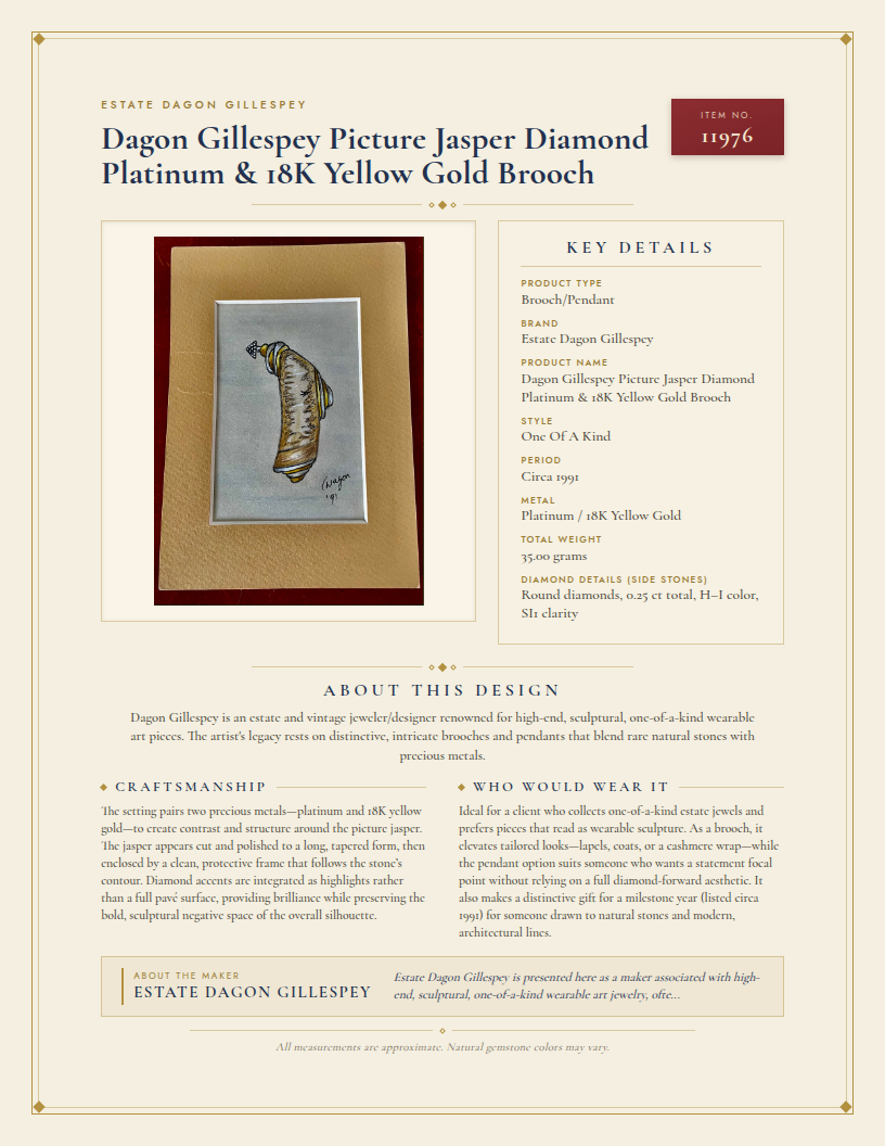 Dagon Gillespey Picture Jasper Diamond Platinum & 18K Yellow Gold Brooch — anatomy card