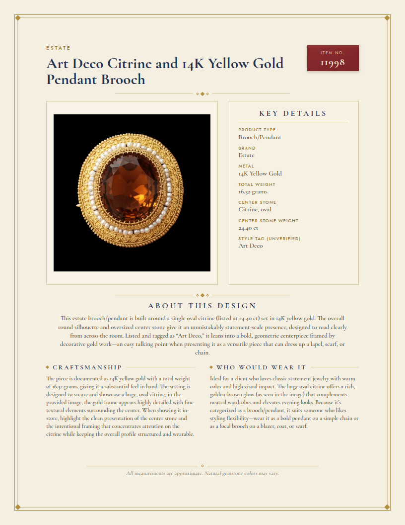 Art Deco Citrine and 14K Yellow Gold Pendant Brooch — anatomy card