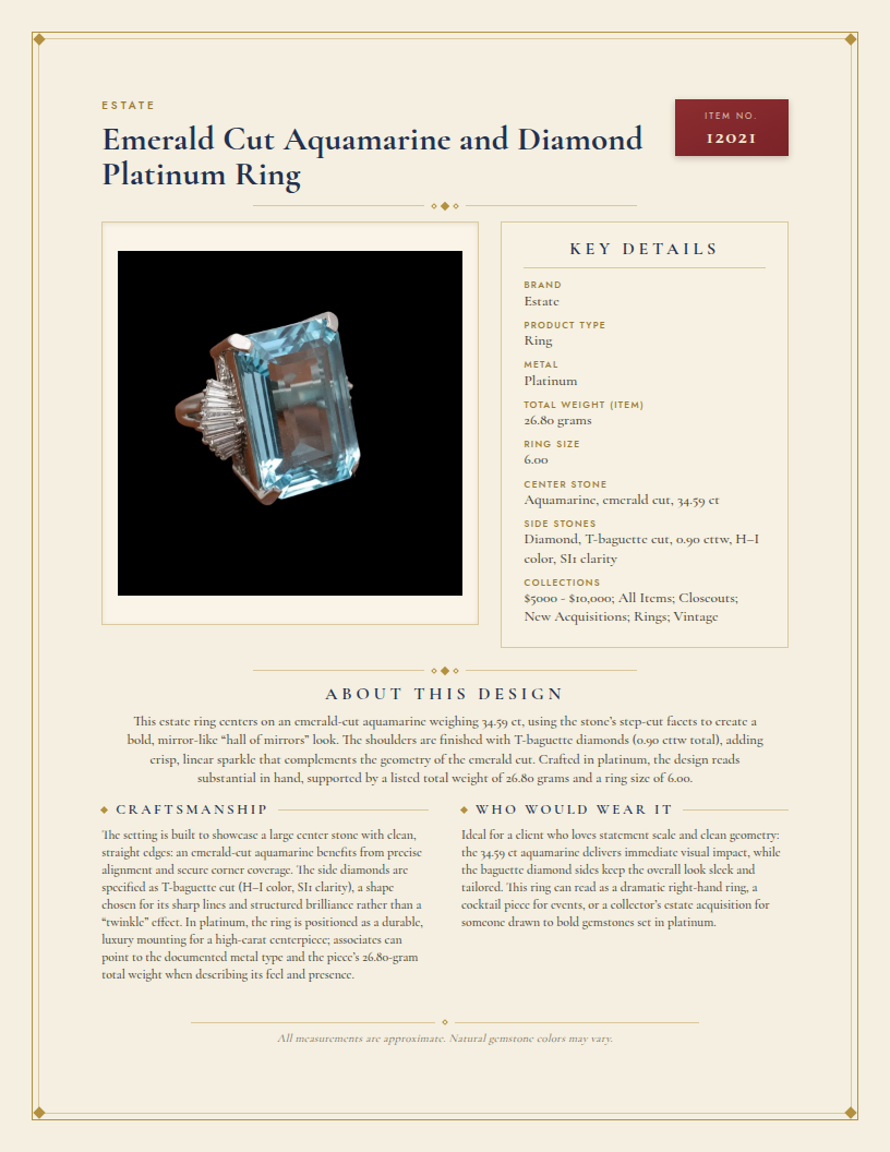 Emerald Cut Aquamarine and Diamond Platinum Ring — anatomy card