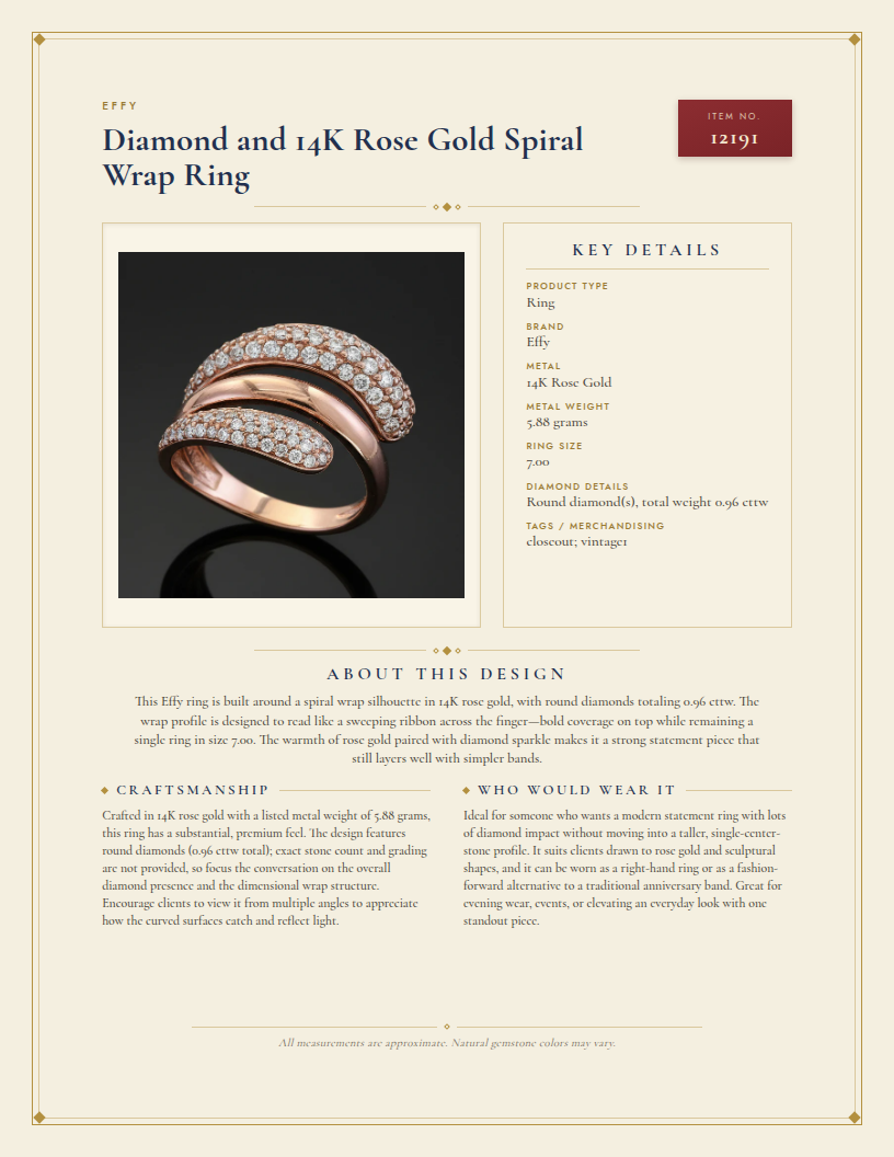 Effy Diamond and 14K Rose Gold Spiral Wrap Ring — anatomy card