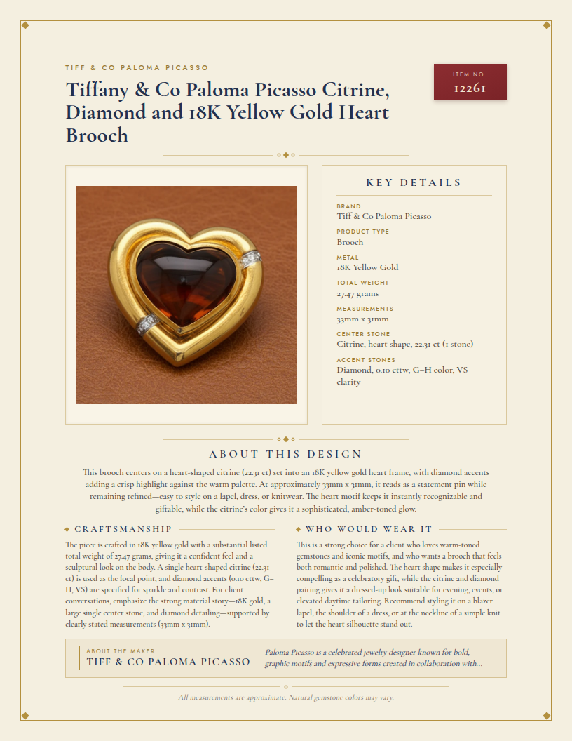 Tiffany & Co Paloma Picasso Citrine, Diamond and 18K Yellow Gold Heart Brooch — anatomy card