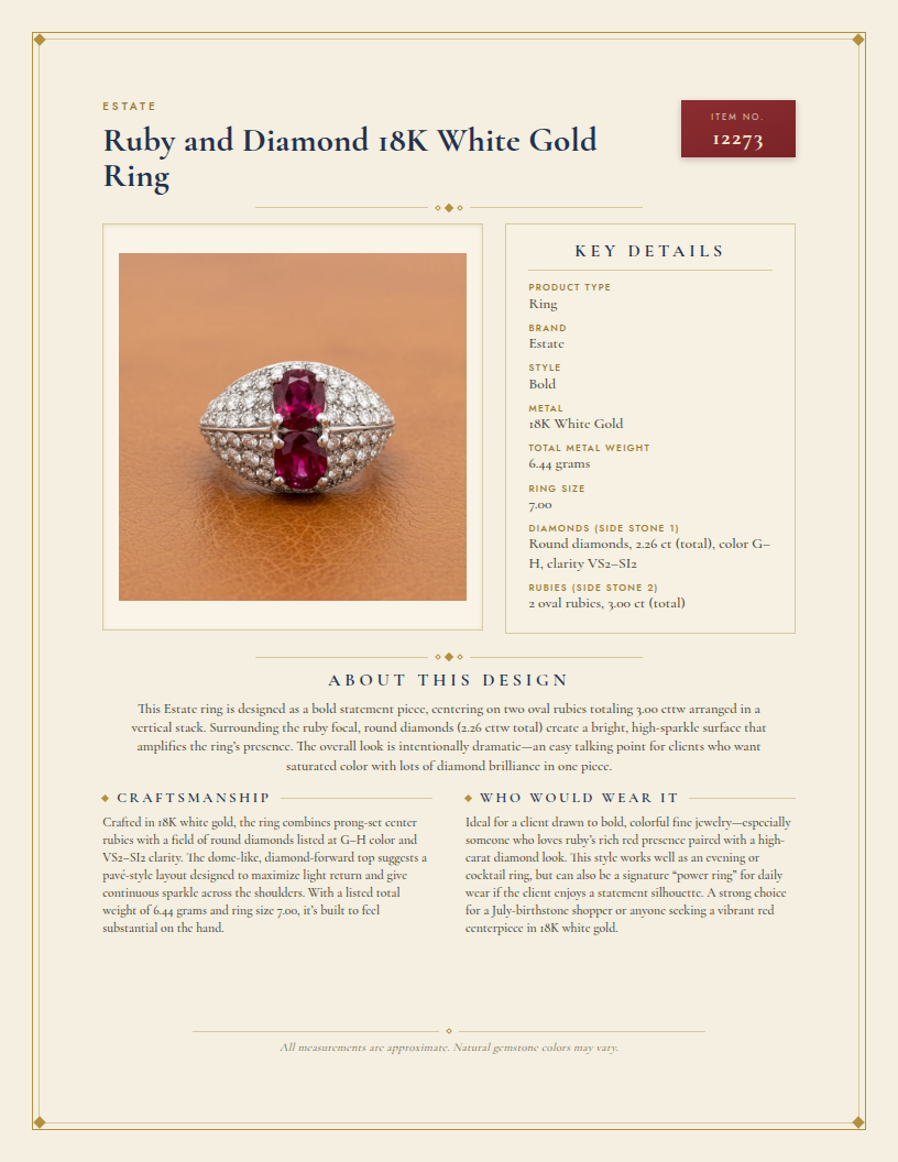 Ruby and Diamond 18K White Gold Ring — anatomy card