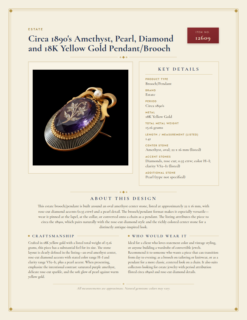 Circa 1890's Amethyst, Pearl, Diamond and 18K Yellow Gold Pendant/Brooch — anatomy card