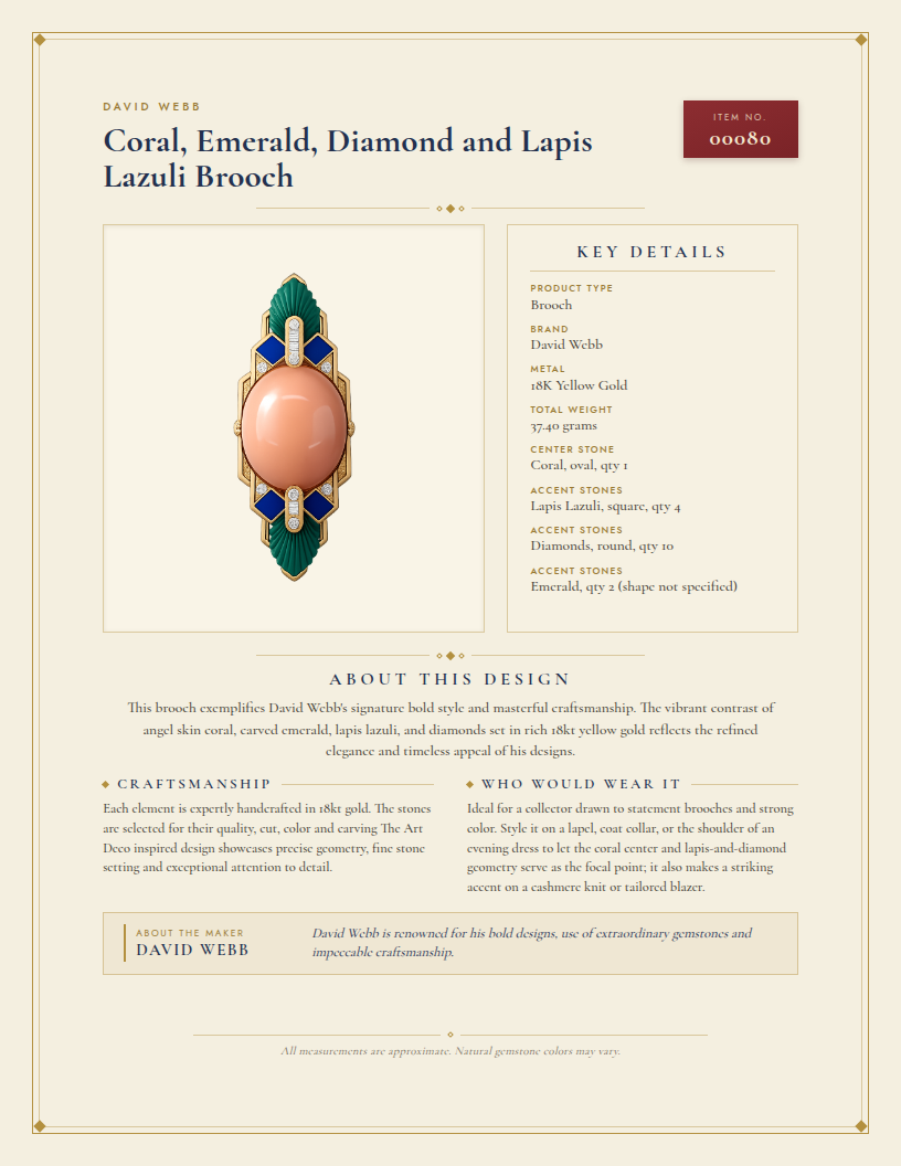 David Webb Coral, Emerald, Diamond and Lapis Lazuli Brooch — anatomy card