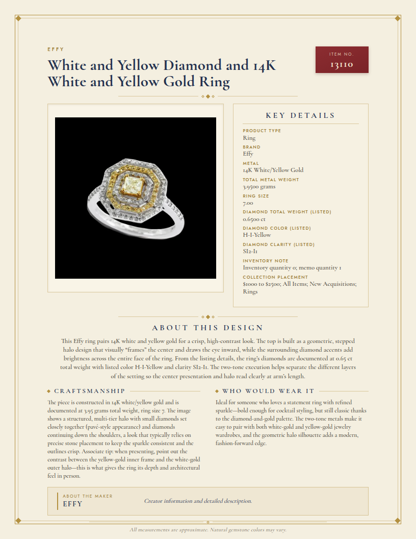 Effy White and Yellow Diamond and 14K White and Yellow Gold Ring — anatomy card