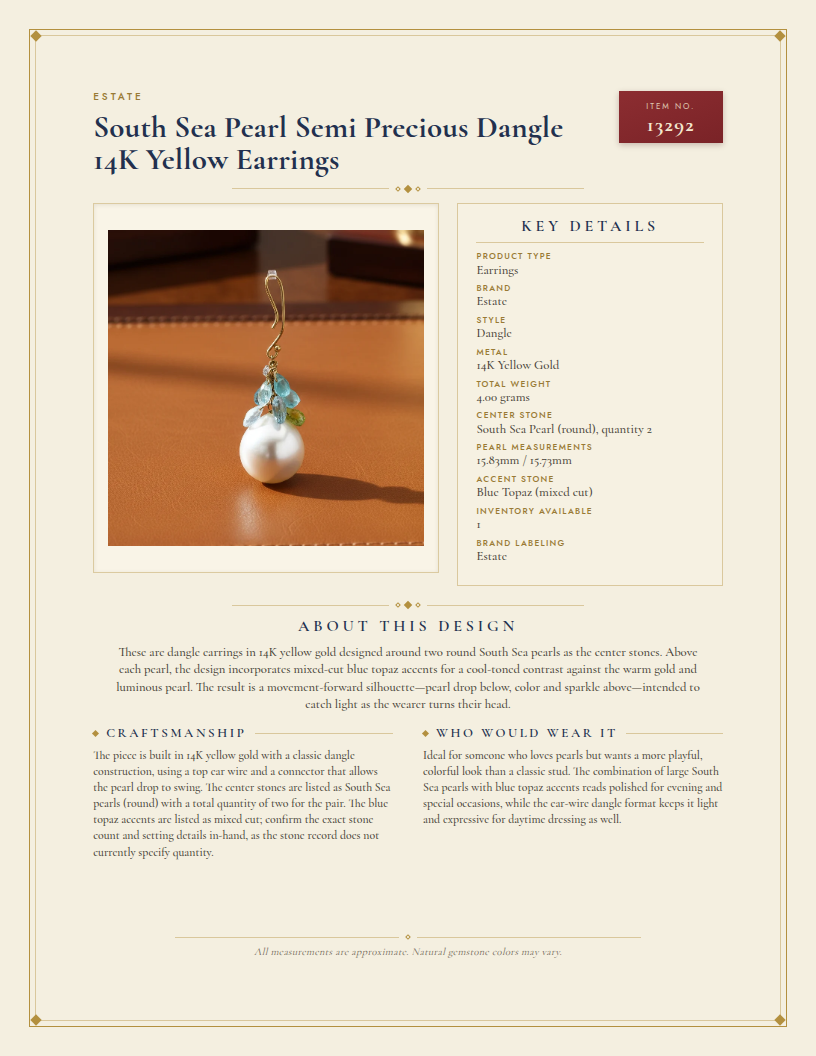 South Sea Pearl Semi Precious Dangle 14K Yellow Earrings — anatomy card