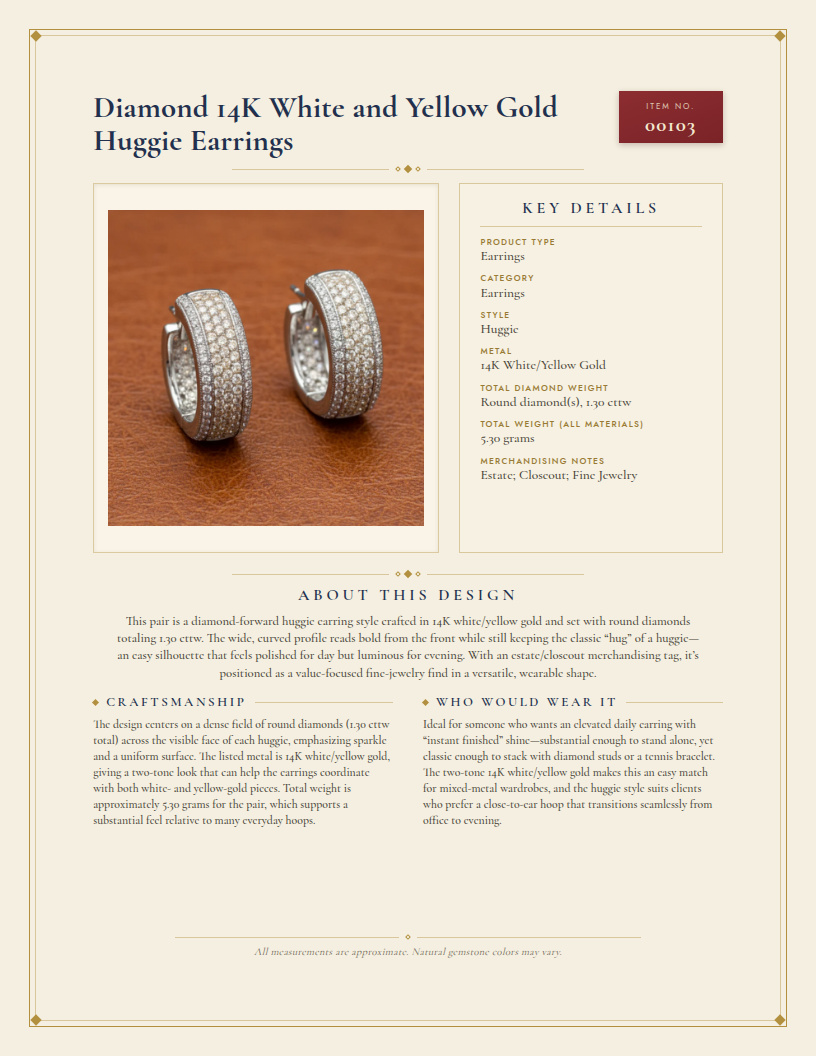 Diamond 14K White and Yellow Gold Huggie Earrings — anatomy card