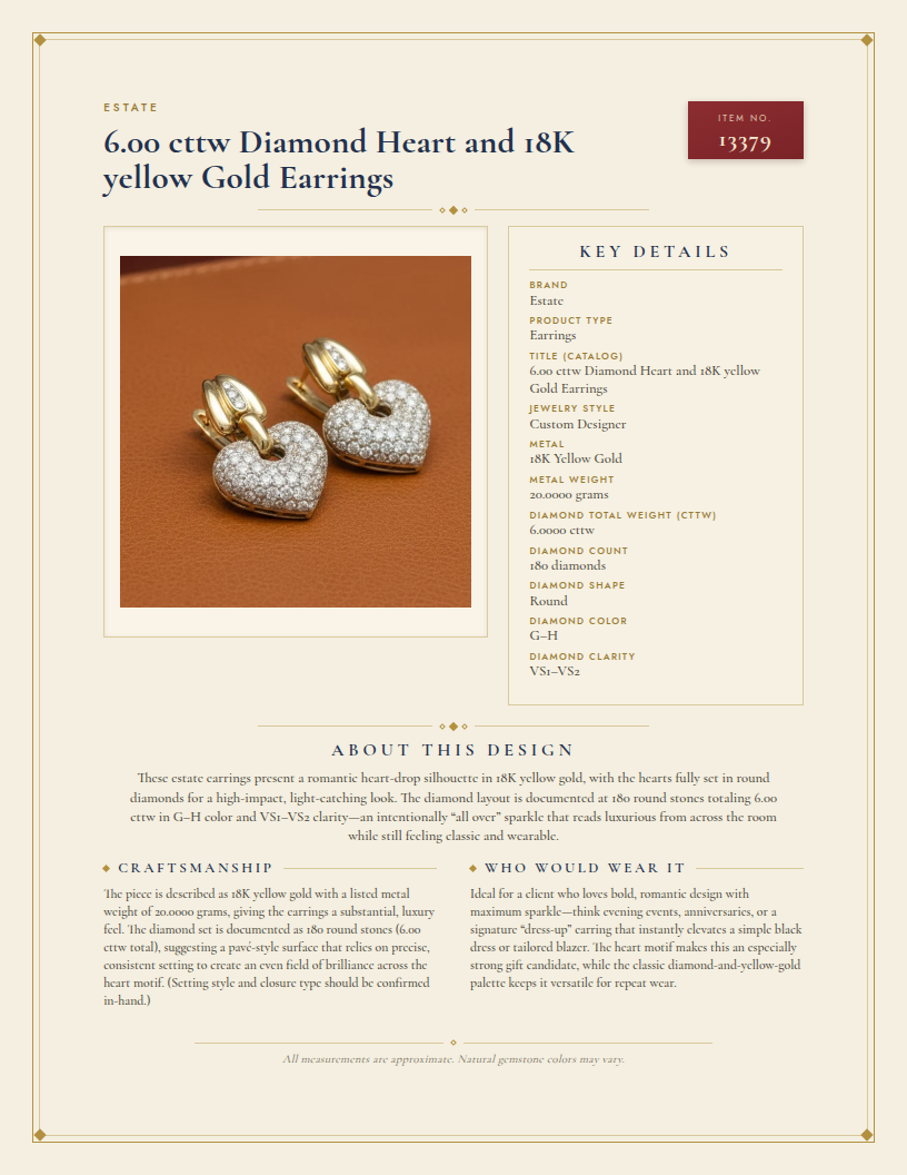 6.00 cttw Diamond Heart and 18K yellow Gold Earrings — anatomy card