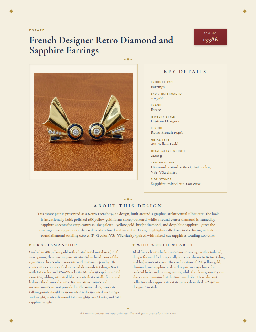 French Designer Retro Diamond and Sapphire Earrings — anatomy card