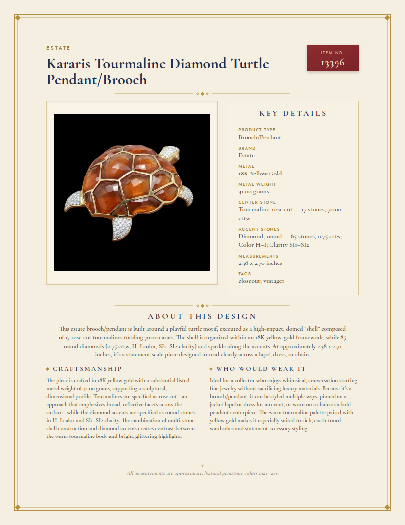 Kararis Tourmaline Diamond Turtle Pendant/Brooch — anatomy card