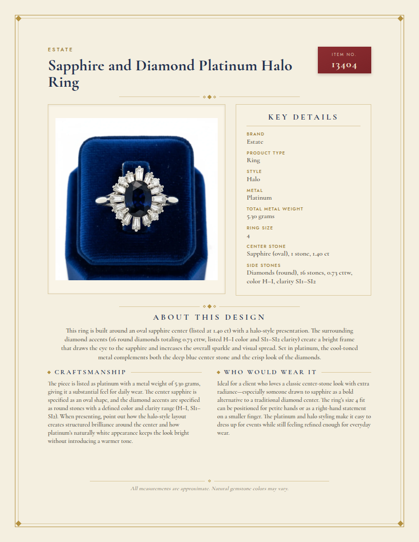 Sapphire and Diamond Platinum Halo Ring — anatomy card