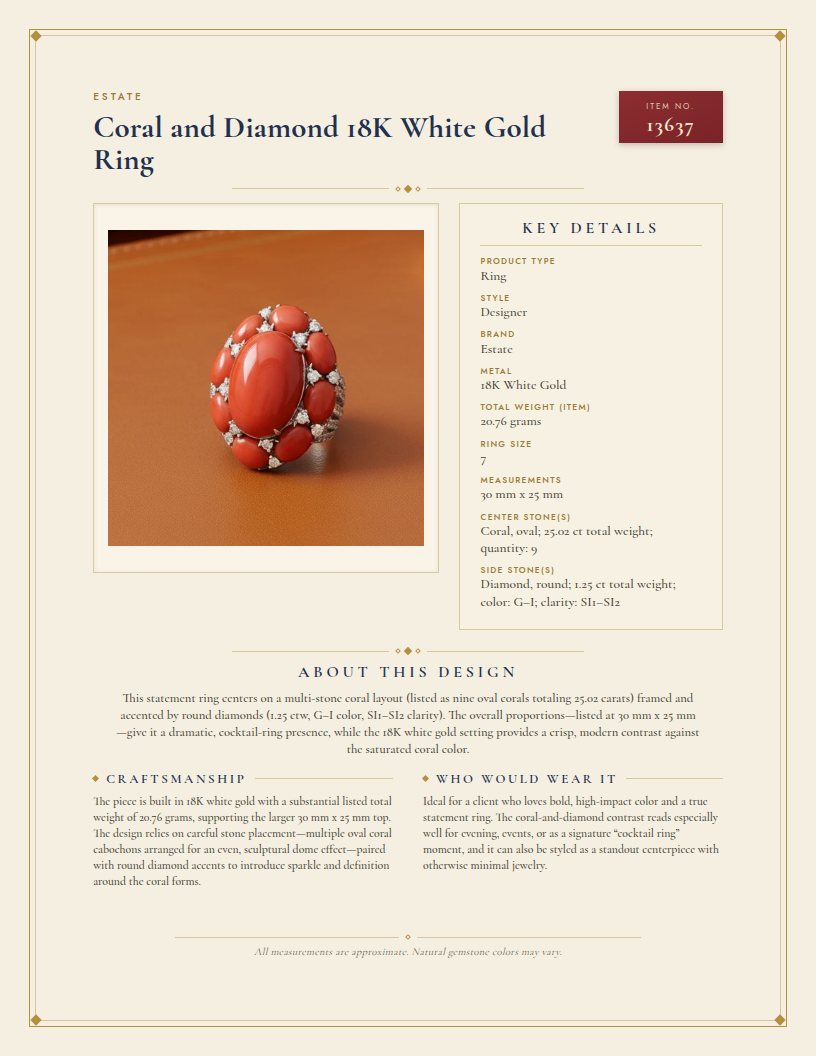 Coral and Diamond 18K White Gold Ring — anatomy card