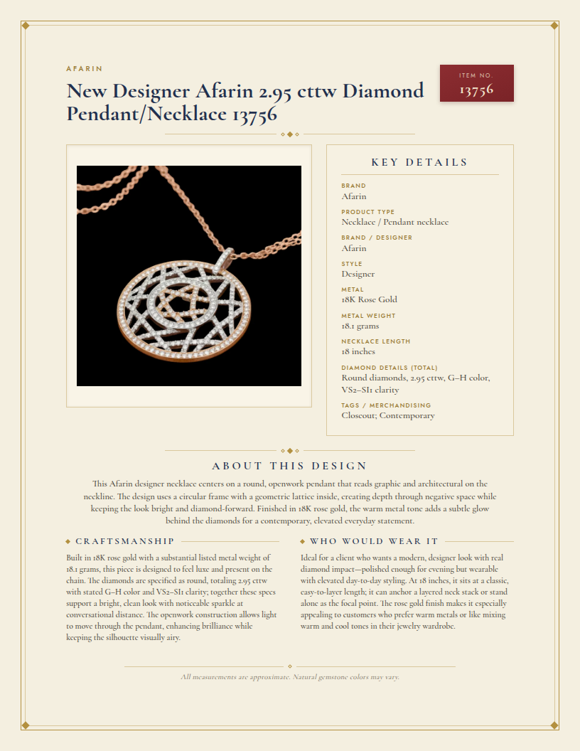 New Designer Afarin 2.95 cttw Diamond Pendant/Necklace 13756 — anatomy card