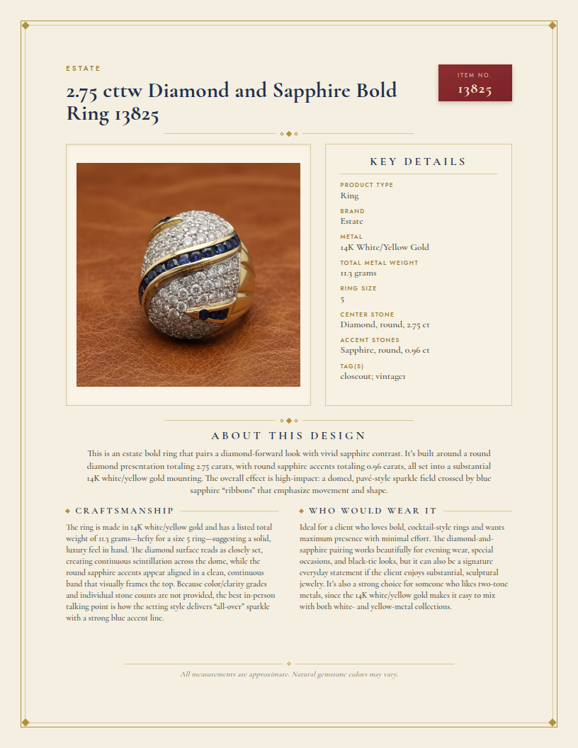 Estate 2.75 cttw Diamond and Sapphire Bold Ring 13825 — anatomy card