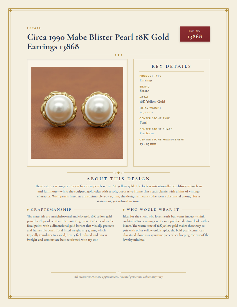 Estate Circa 1990 Mabe Blister Pearl 18K Gold Earrings 13868 — anatomy card