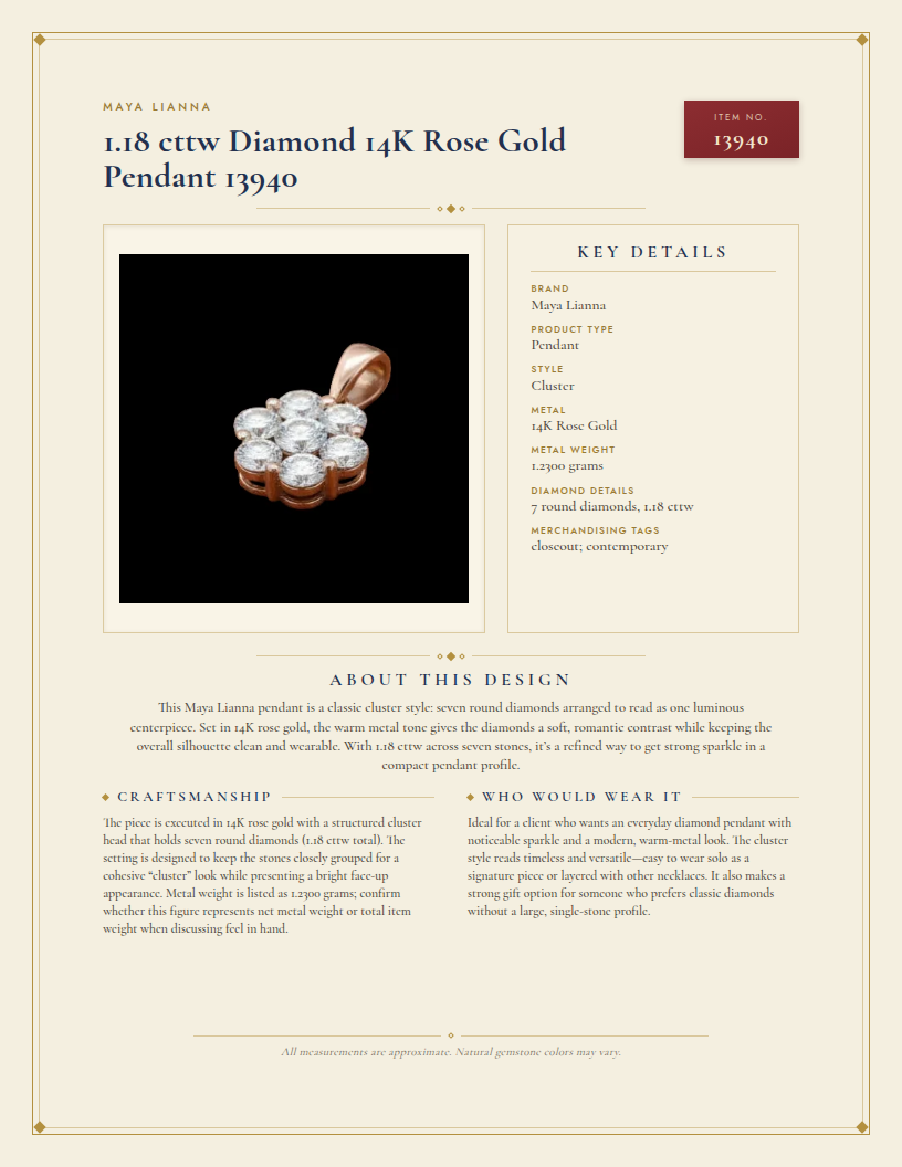 Maya Lianna 1.18 cttw Diamond 14K Rose Gold Pendant 13940 — anatomy card