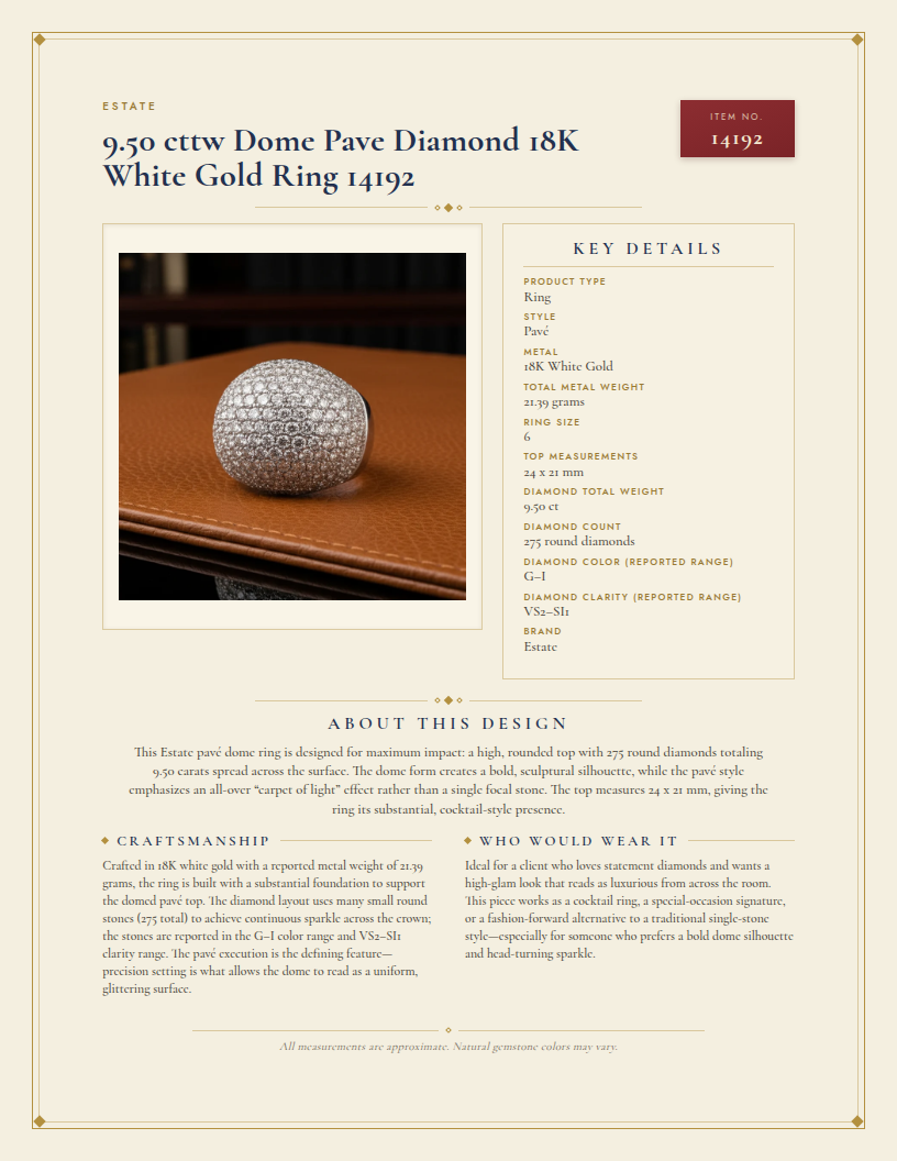 Estate 9.50 cttw Dome Pave Diamond 18K White Gold Ring 14192 — anatomy card