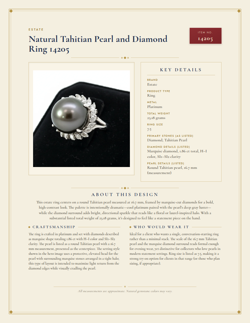 Estate Natural Tahitian Pearl and Diamond Ring 14205 — anatomy card