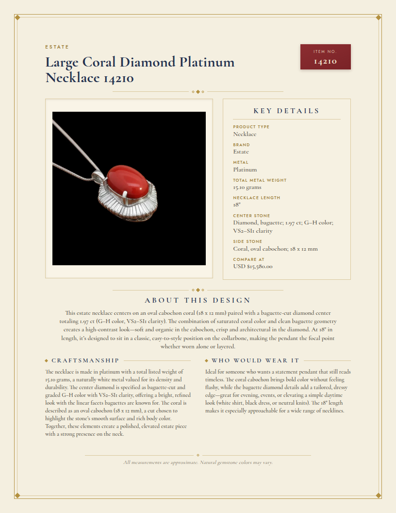 Estate Large Coral Diamond Platinum Necklace 14210 — anatomy card