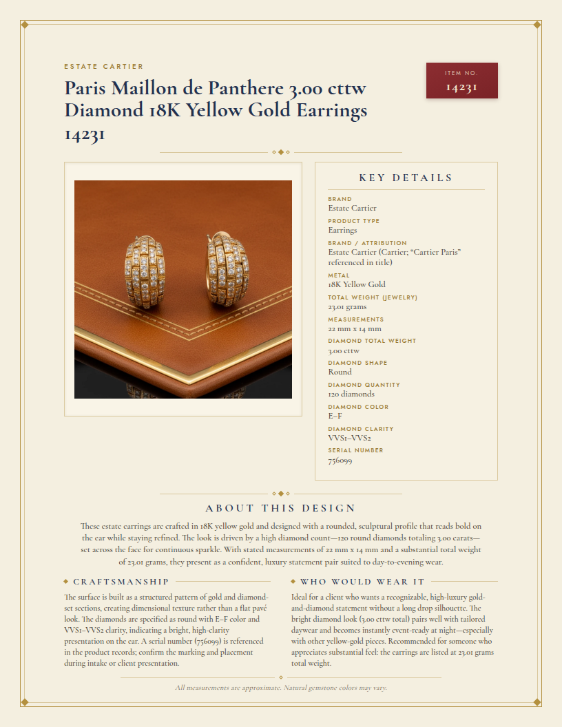 Estate Cartier Paris Maillon de Panthere 3.00 cttw Diamond 18K Yellow Gold Earrings 14231 — anatomy card