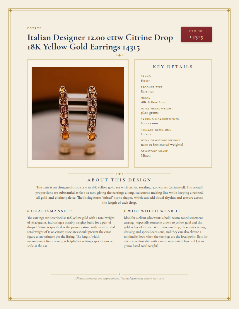 Estate Italian Designer 12.00 cttw Citrine Drop 18K Yellow Gold Earrings 14315 — anatomy card