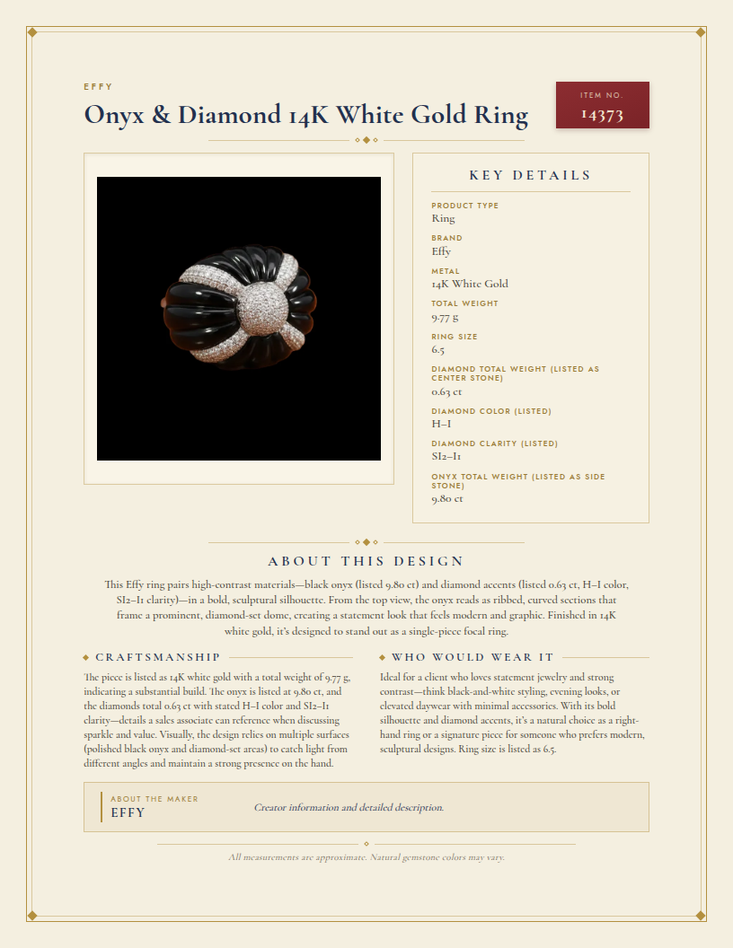 Effy Onyx & Diamond 14K White Gold Ring — anatomy card