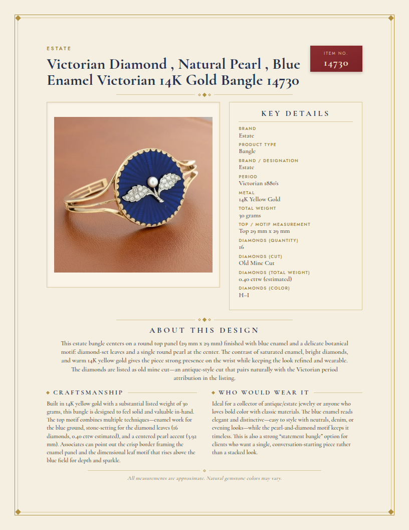 Estate Victorian Diamond , Natural Pearl , Blue Enamel Victorian 14K Gold Bangle 14730 — anatomy card