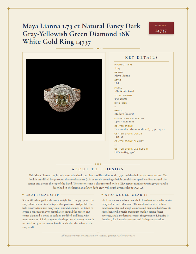 Maya Lianna 1.73 ct Natural Fancy Dark Gray-Yellowish Green Diamond 18K White Gold Ring 14737 — anatomy card
