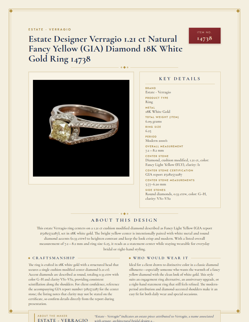 Estate Designer Verragio 1.21 ct Natural Fancy Yellow (GIA) Diamond 18K White Gold Ring 14738 — anatomy card