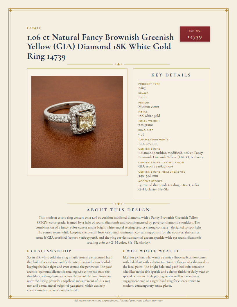 Estate 1.06 ct Natural Fancy Brownish Greenish Yellow (GIA) Diamond 18K White Gold Ring 14739 — anatomy card