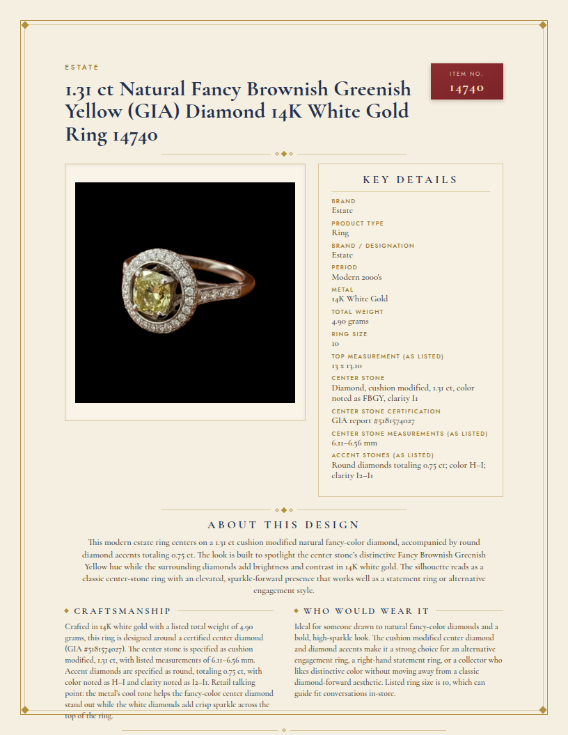 Estate 1.31 ct Natural Fancy Brownish Greenish Yellow (GIA) Diamond 14K White Gold Ring 14740 — anatomy card