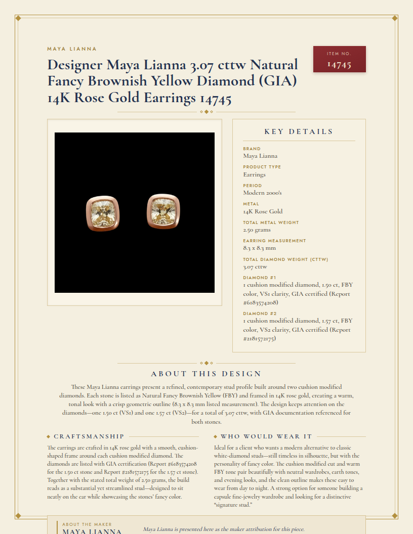 Designer Maya Lianna 3.07 cttw Natural Fancy Brownish Yellow Diamond (GIA) 14K Rose Gold Earrings 14745 — anatomy card
