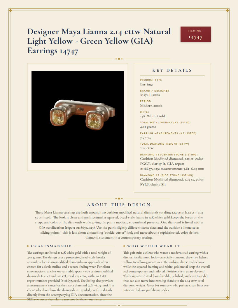 Designer Maya Lianna 2.14 cttw Natural Light Yellow - Green Yellow (GIA) Earrings 14747 — anatomy card