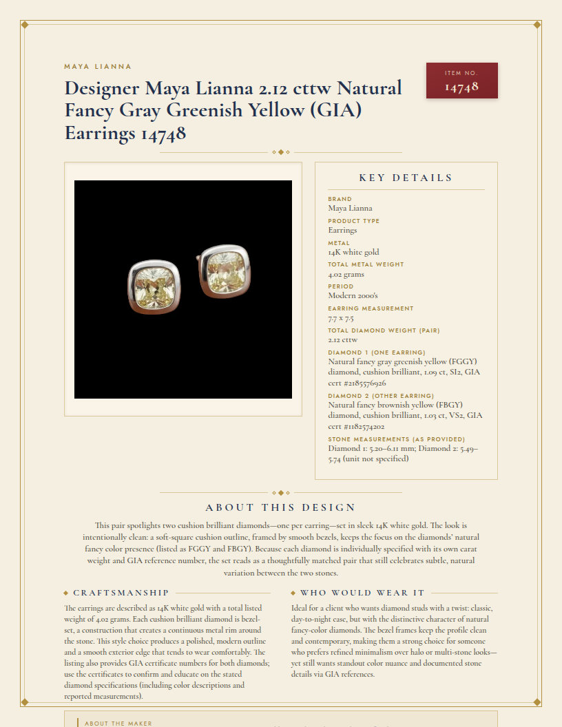 Designer Maya Lianna 2.12 cttw Natural Fancy Gray Greenish Yellow (GIA) Earrings 14748 — anatomy card