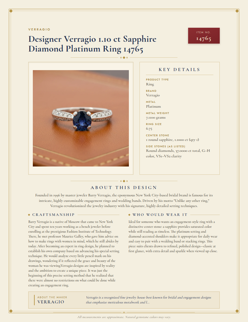 Designer Verragio 1.10 ct Sapphire Diamond Platinum Ring 14765 — anatomy card