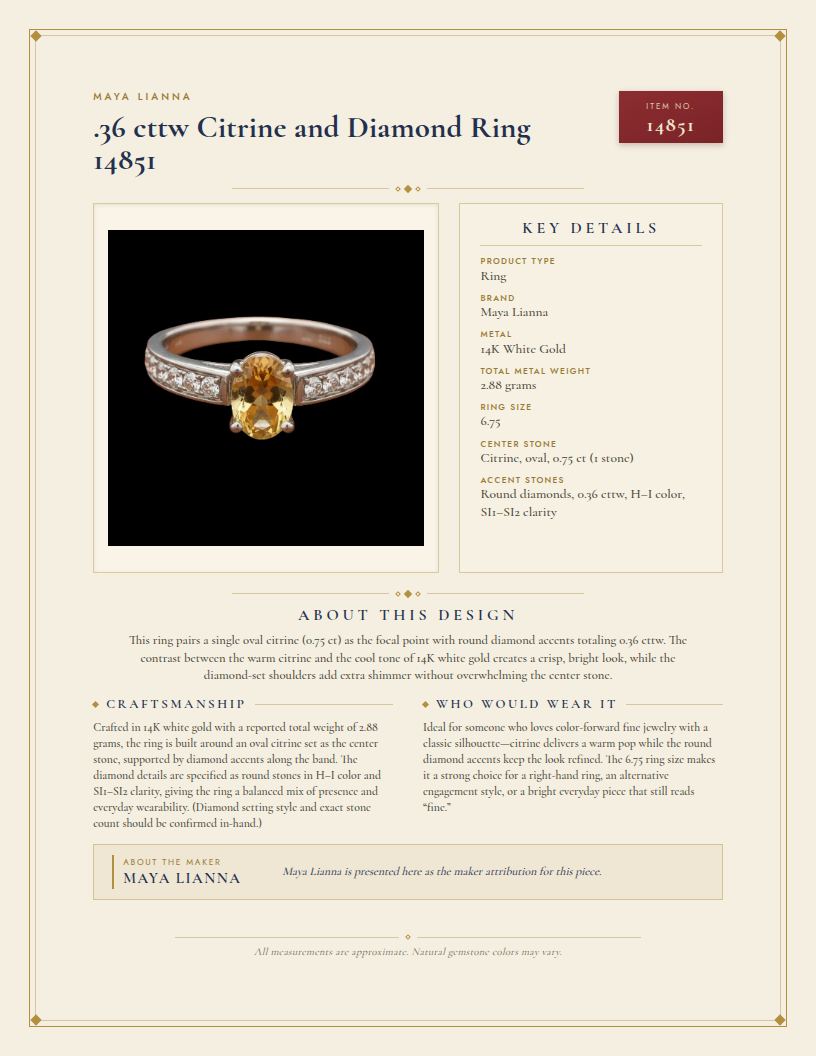 Maya Lianna .36 cttw Citrine and Diamond Ring 14851 — anatomy card