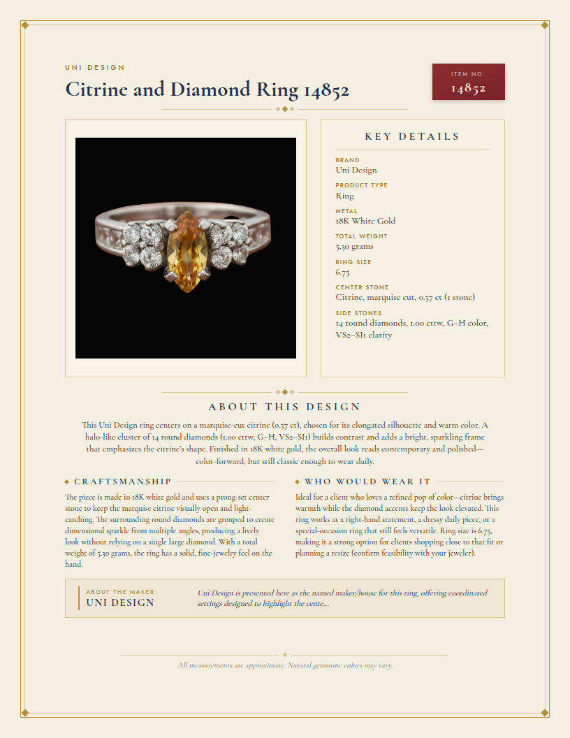Uni Design Citrine and Diamond Ring 14852 — anatomy card