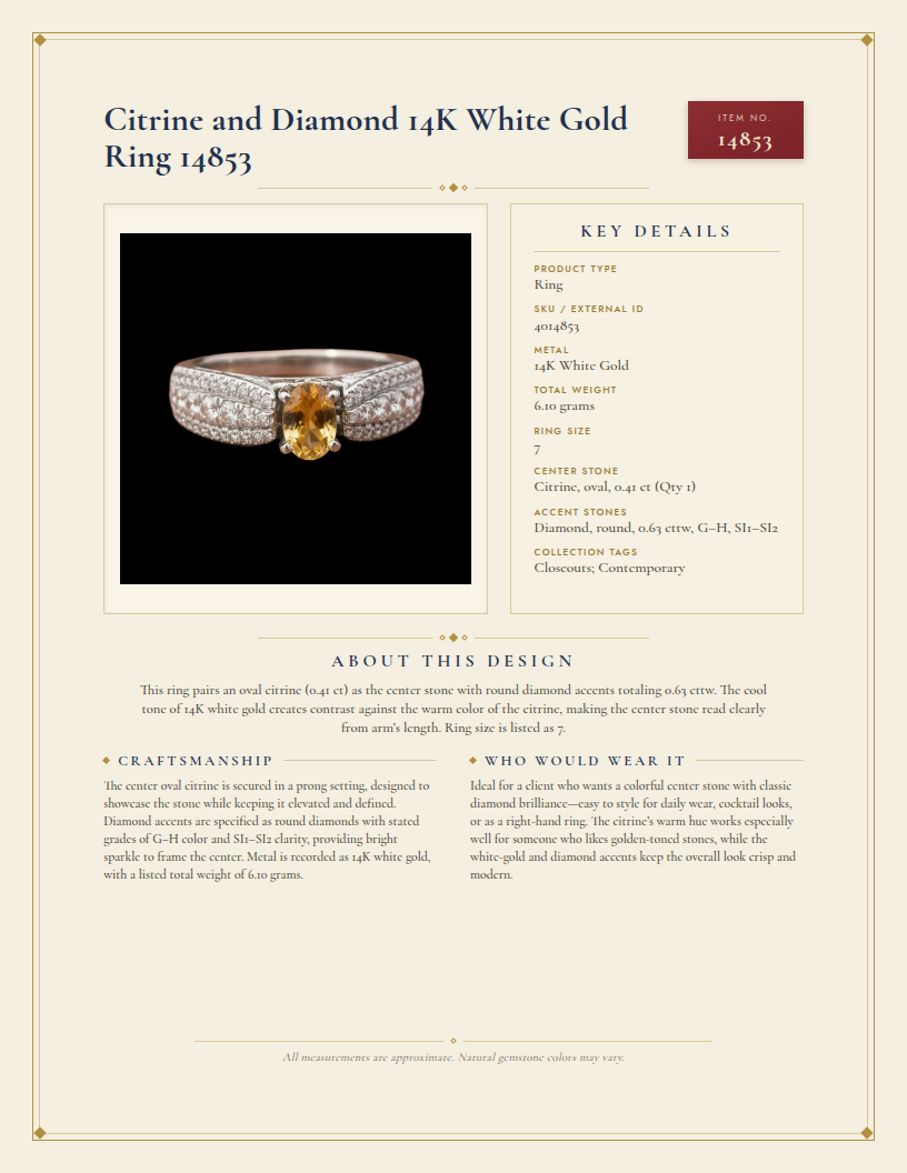 Citrine and Diamond 14K White Gold Ring 14853 — anatomy card
