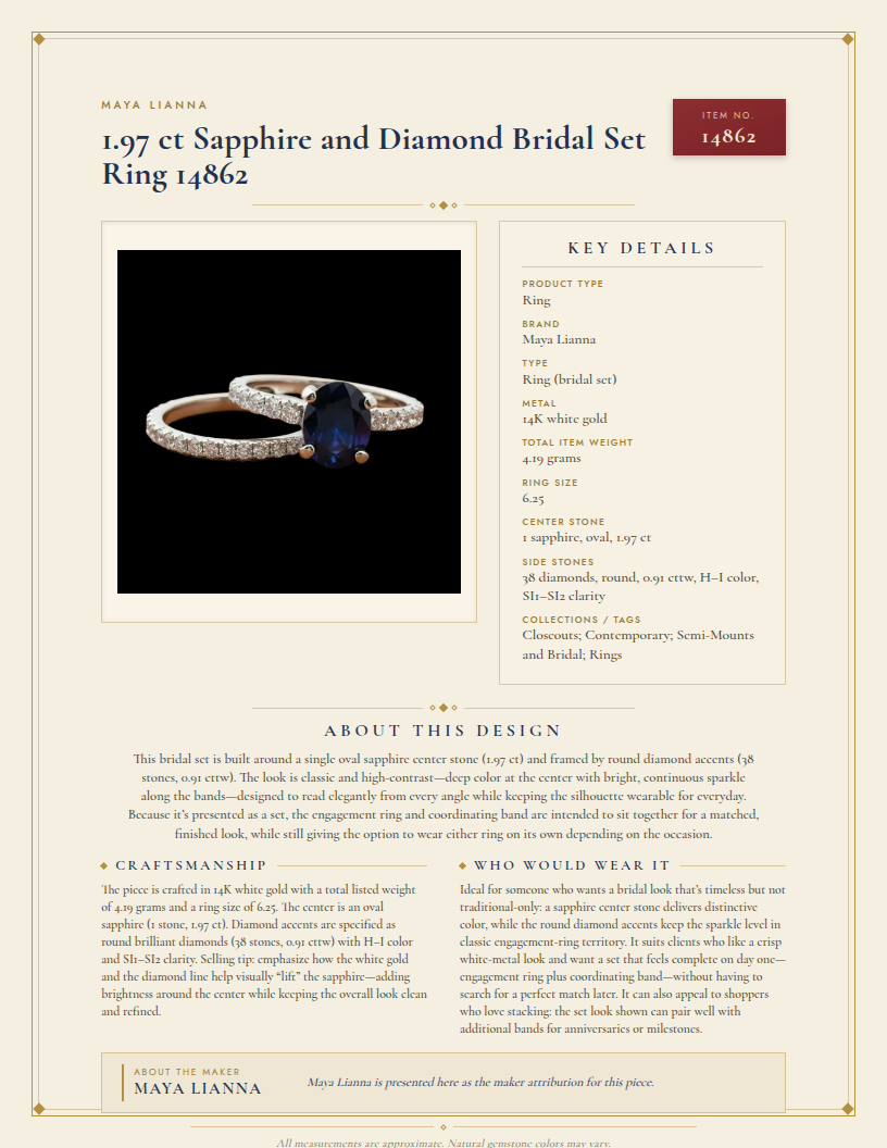 Maya Lianna 1.97 ct Sapphire and Diamond Bridal Set Ring 14862 — anatomy card